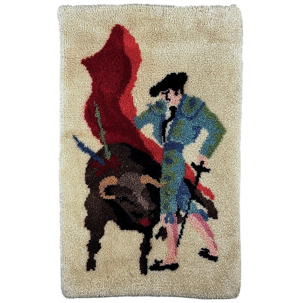 Vintage Latch Hooked Rug Shag Wall Art Tapestry Matador Bullfighter‎ Spanish 70s